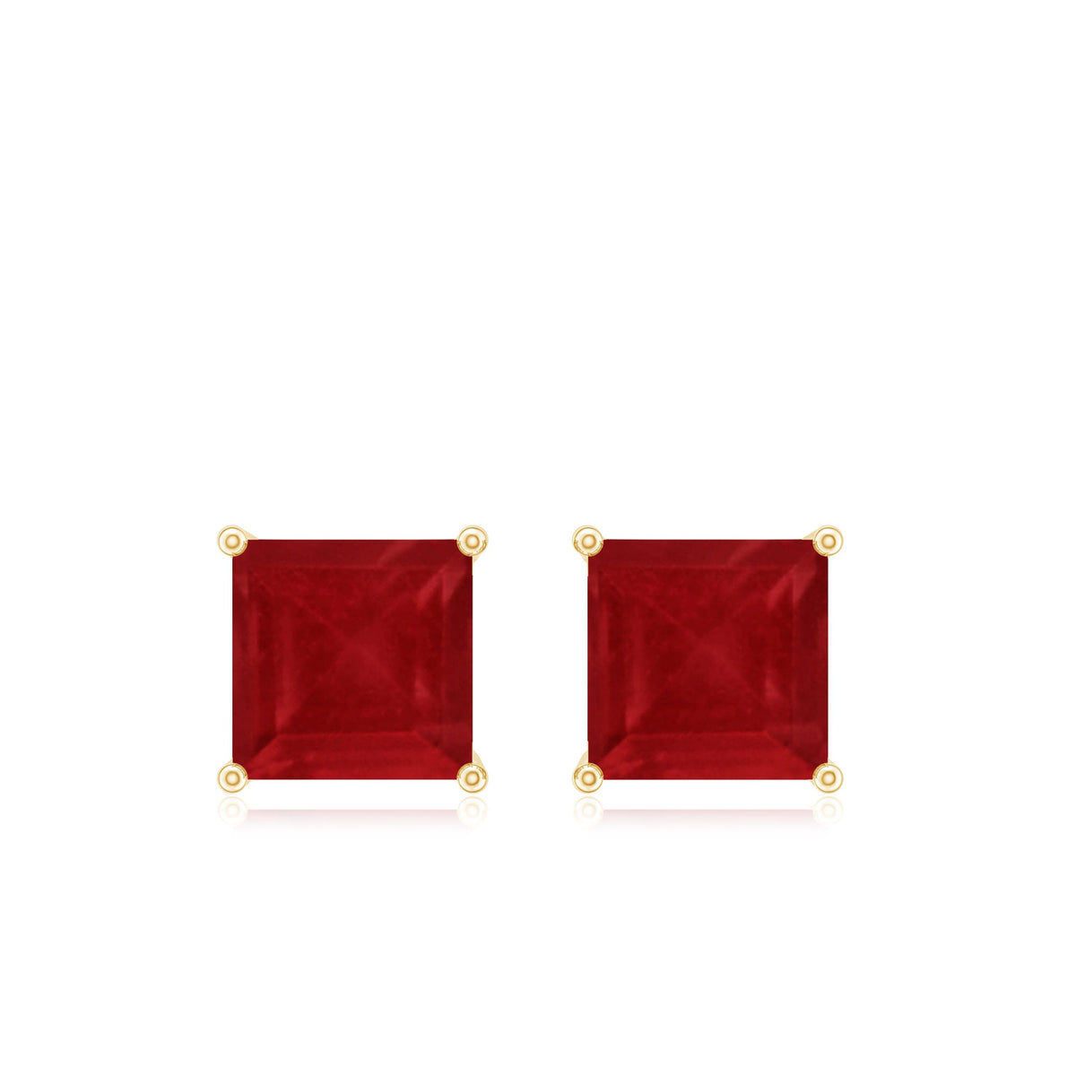 Rosec Jewels 0.9 carat princess cut ruby solitaire stud earrings featuring vivid red rubies and classic silver settings.