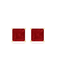 Rosec Jewels 0.9 carat princess cut ruby solitaire stud earrings featuring vivid red rubies and classic silver settings.