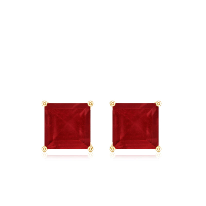 Rosec Jewels 0.9 carat princess cut ruby solitaire stud earrings featuring vivid red rubies and classic silver settings.