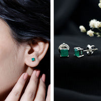 Princess Cut Natural Emerald Solitaire Stud Earrings