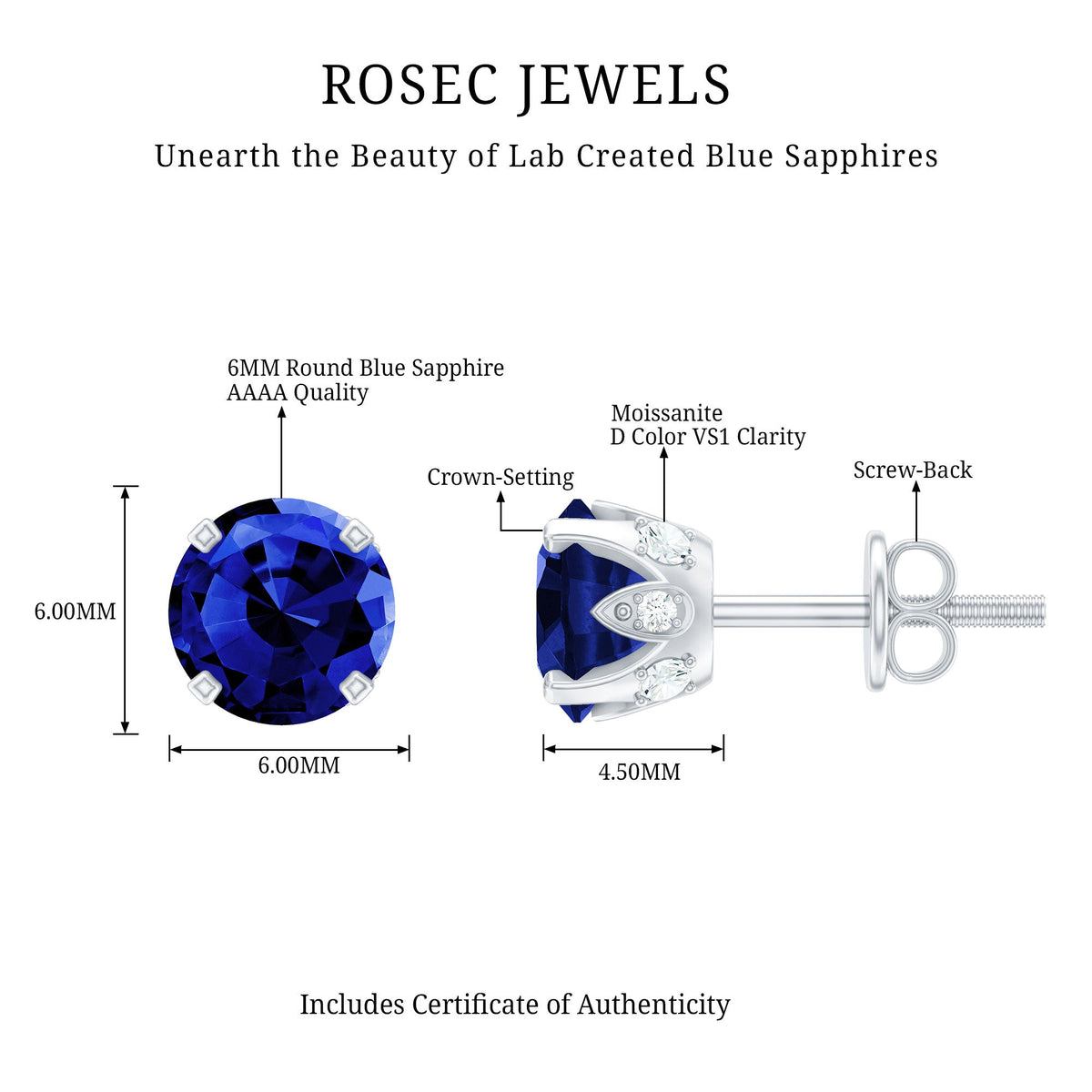 Lab grown blue sapphire vintage stud earrings by Rosec Jewels with certificate, featuring sparkling blue sapphires and antique-inspired design.