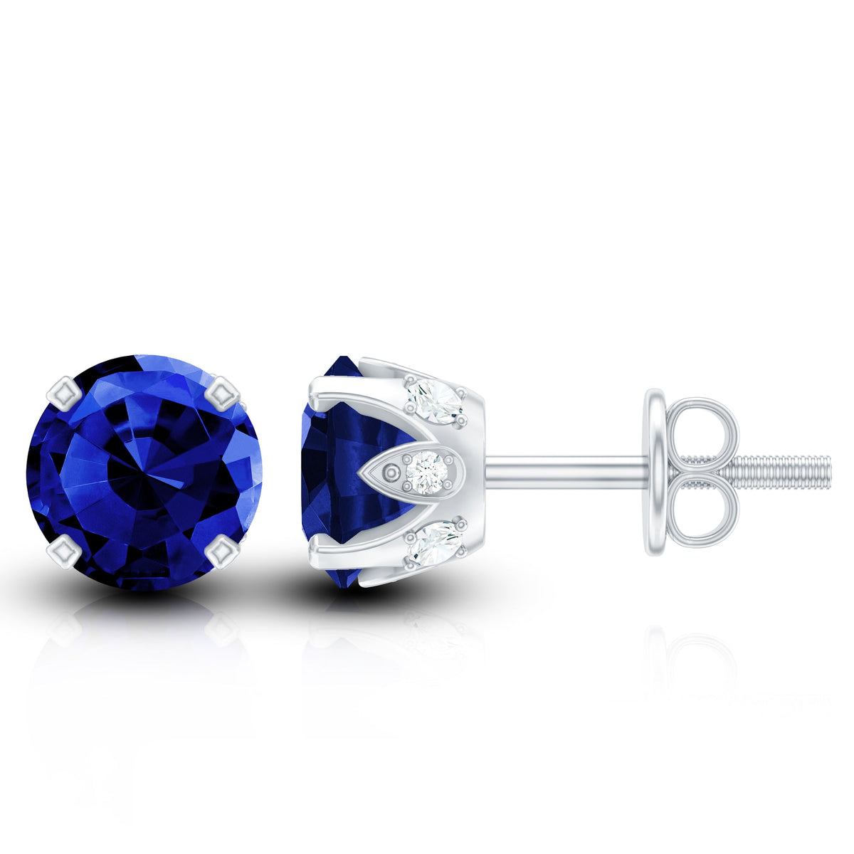 Lab grown blue sapphire vintage stud earrings by Rosec Jewels with certificate, featuring sparkling blue sapphires in classic setting.