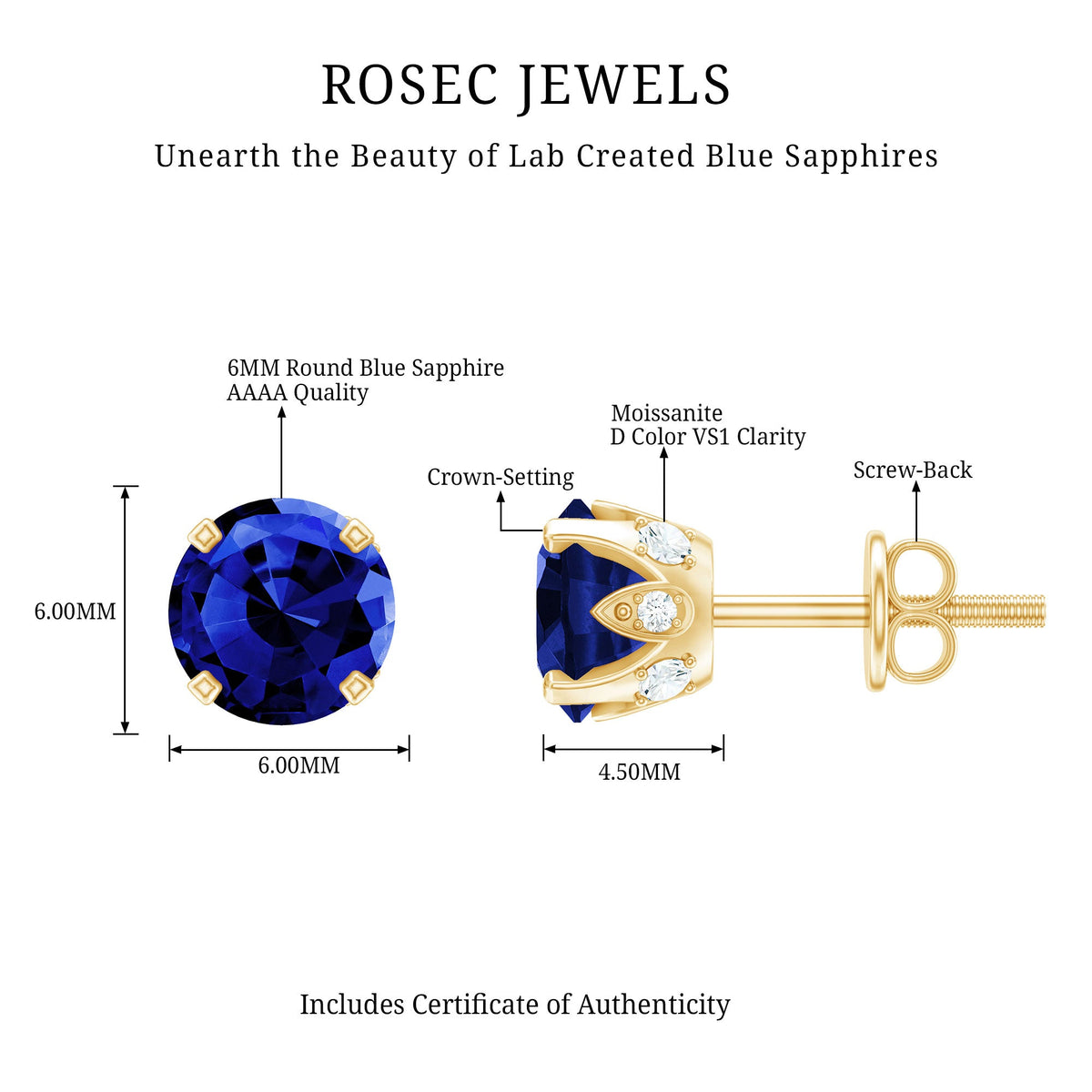 Lab grown blue sapphire vintage stud earrings by Rosec Jewels with certificate, featuring sparkling blue sapphires and antique-inspired design.