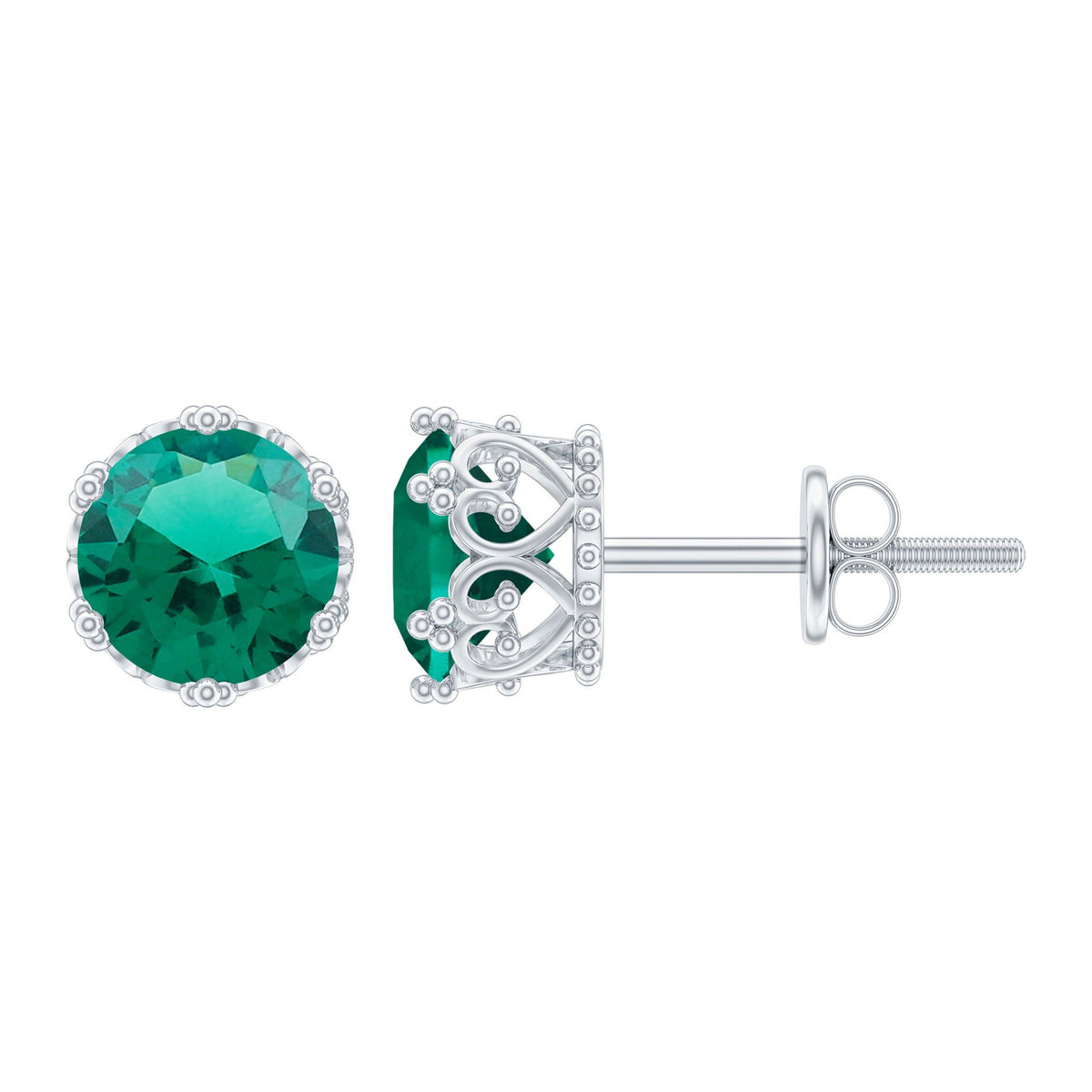 Lab-created emerald solitaire stud earrings in a crown setting by Rosec Jewels, featuring vibrant green gemstones and elegant design.