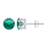 Lab-created emerald solitaire stud earrings in a crown setting by Rosec Jewels, featuring vibrant green gemstones and elegant design.