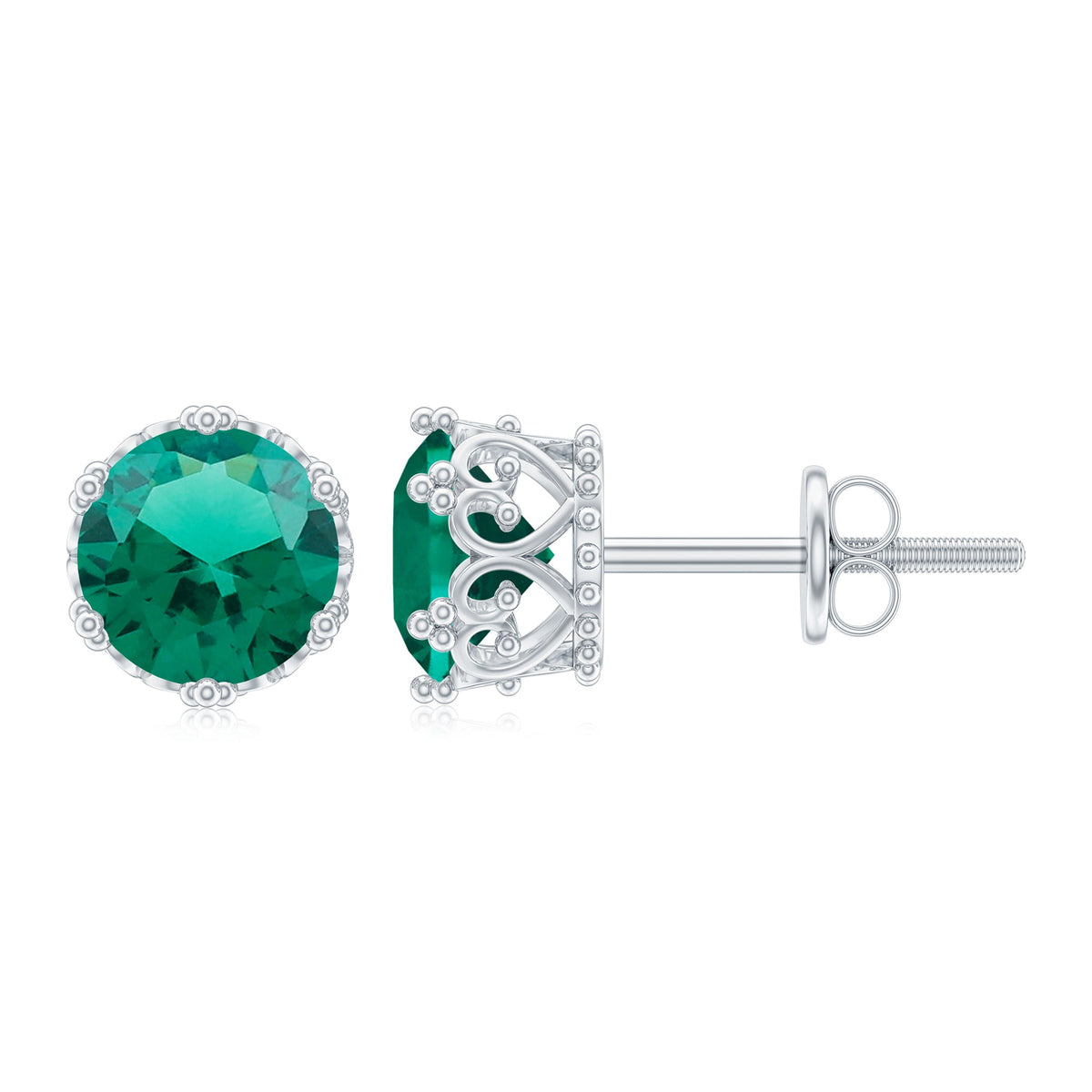 Rosec Jewels Solitaire lab-created emerald stud earrings in crown setting, featuring sparkling green gemstones and gold-tone metal.