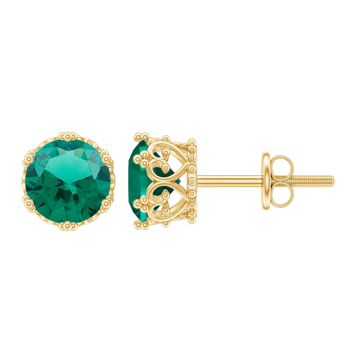 Rosec Jewels Solitaire lab-created emerald stud earrings in crown setting, showcasing sparkling green gemstones and elegant design.