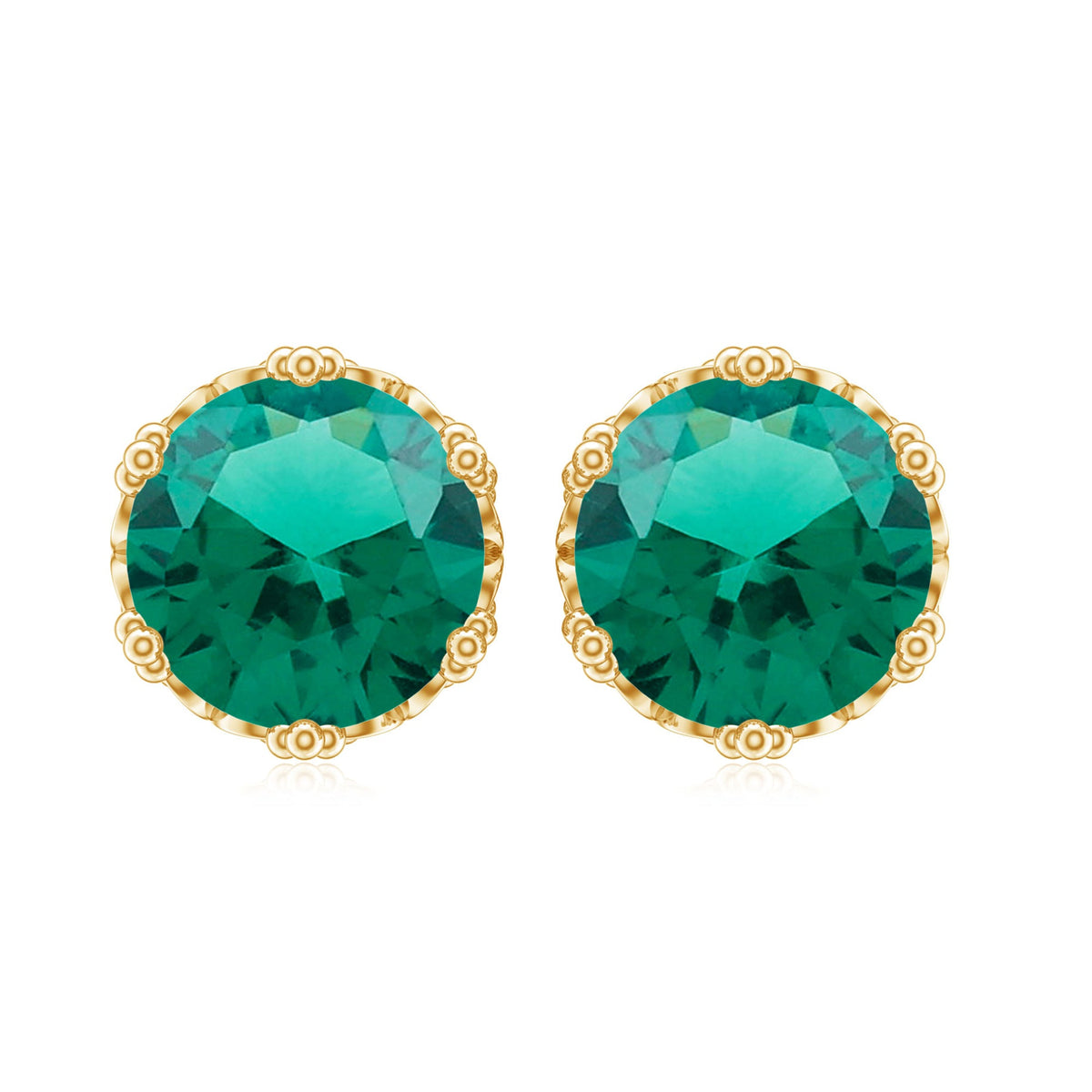 Rosec Jewels solitaire lab-created emerald stud earrings in crown setting with sparkling green gemstones.