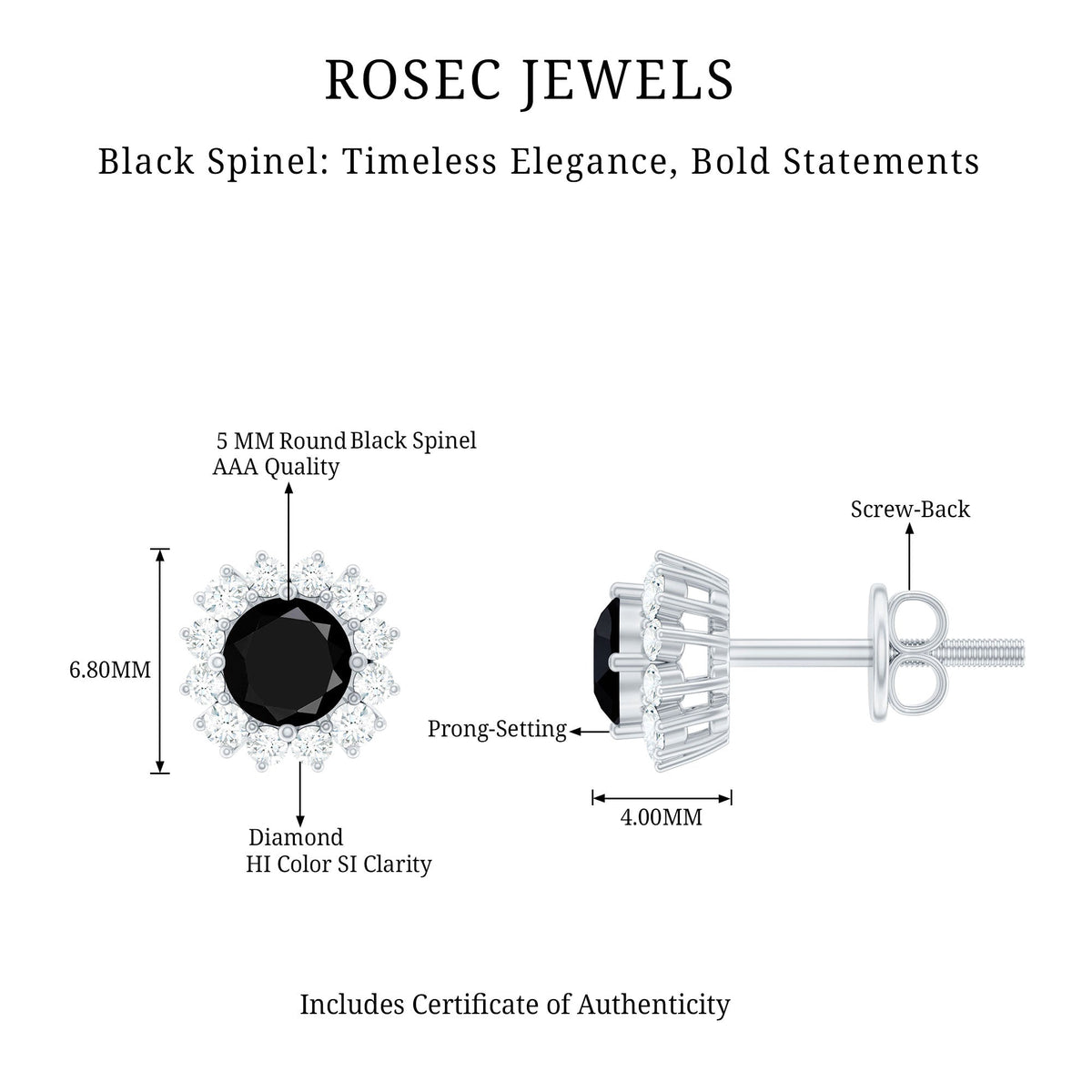 Certified real black spinel stud earrings with diamond halo by Rosec Jewels, showcasing elegant black gemstones and sparkling diamonds.