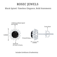 Certified real black spinel stud earrings with diamond halo by Rosec Jewels, showcasing elegant black gemstones and sparkling diamonds.