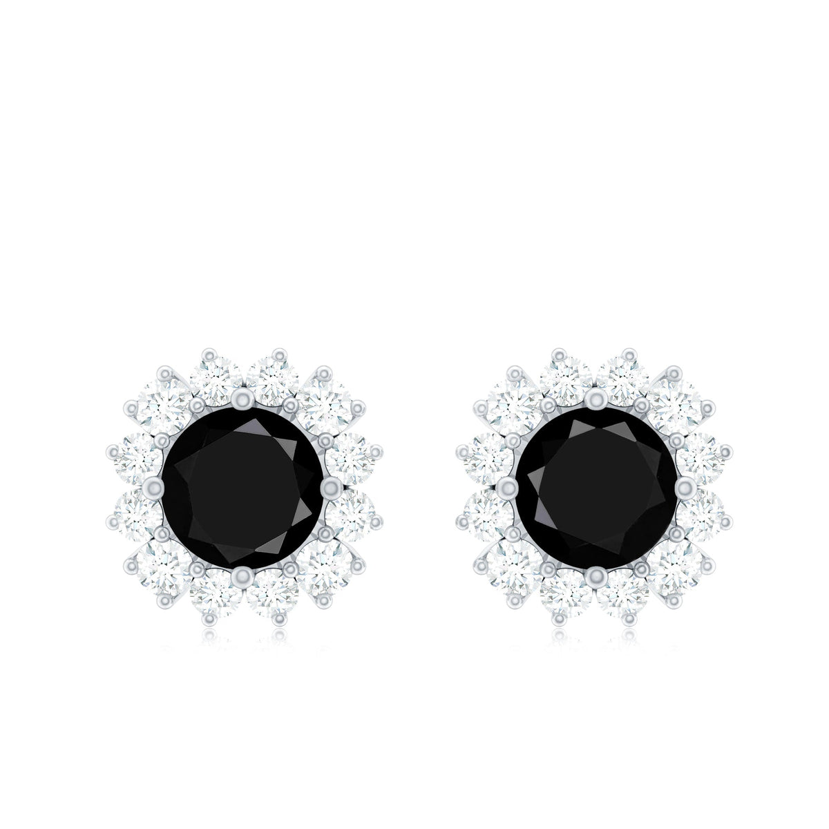 Certified real black spinel stud earrings with diamond halo from Rosec Jewels, showcasing elegant black gemstones with sparkling diamond accents.