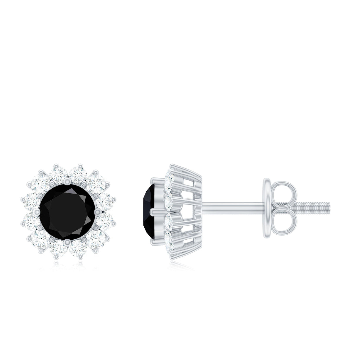Certified real black spinel stud earrings with diamond halo, showcasing elegant jewelry design by Rosec Jewels.