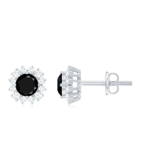 Certified real black spinel stud earrings with diamond halo, showcasing elegant jewelry design by Rosec Jewels.
