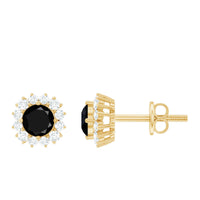 Black spinel stud earrings with diamond halo by Rosec Jewels, showcasing sparkling gemstones and elegant jewelry design.