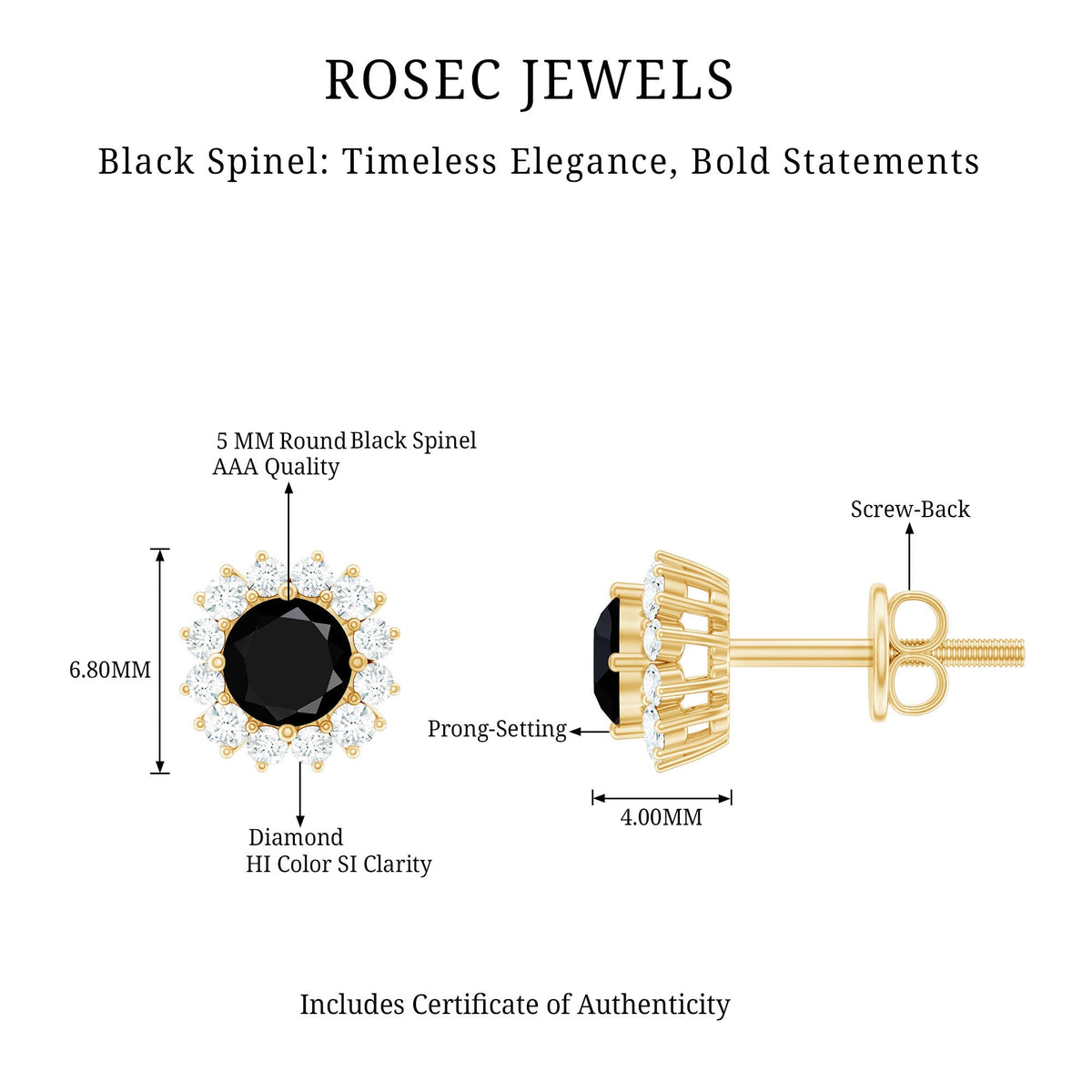 Certified real black spinel stud earrings with diamond halo from Rosec Jewels, showcasing elegant jewelry design.