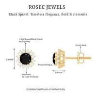 Certified real black spinel stud earrings with diamond halo from Rosec Jewels, showcasing elegant jewelry design.