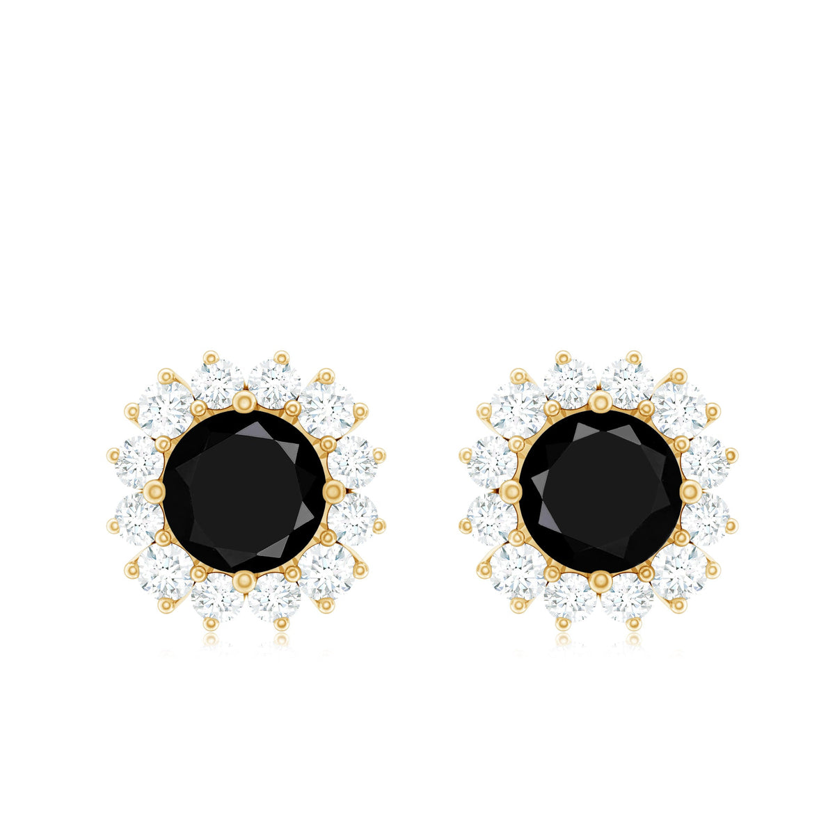Certified real black spinel stud earrings with diamond halo from Rosec Jewels, showcasing sparkling black stones and elegant design.