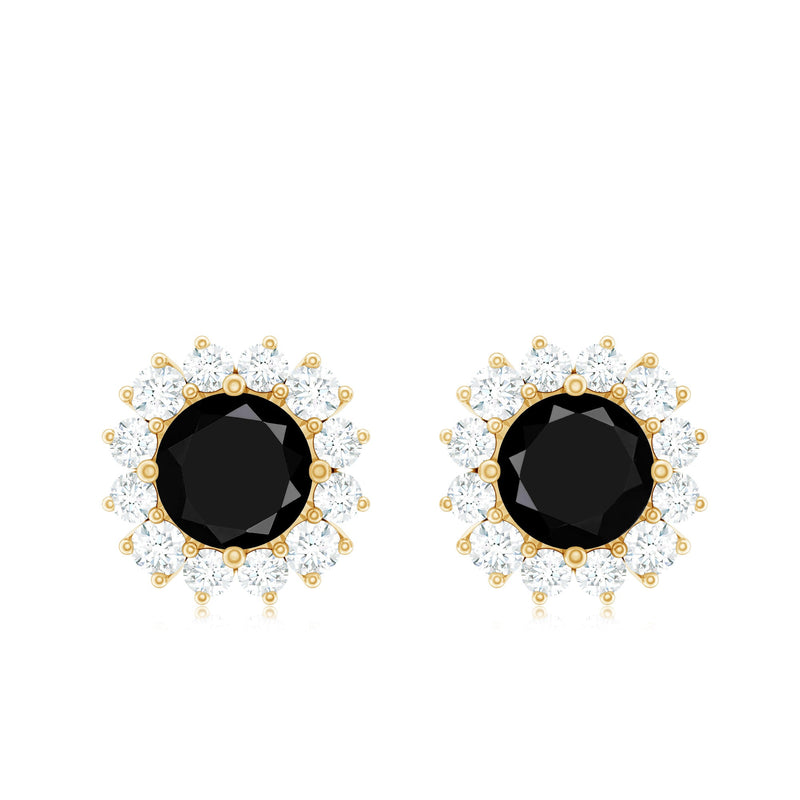 Certified real black spinel stud earrings with diamond halo from Rosec Jewels, showcasing sparkling black stones and elegant design.