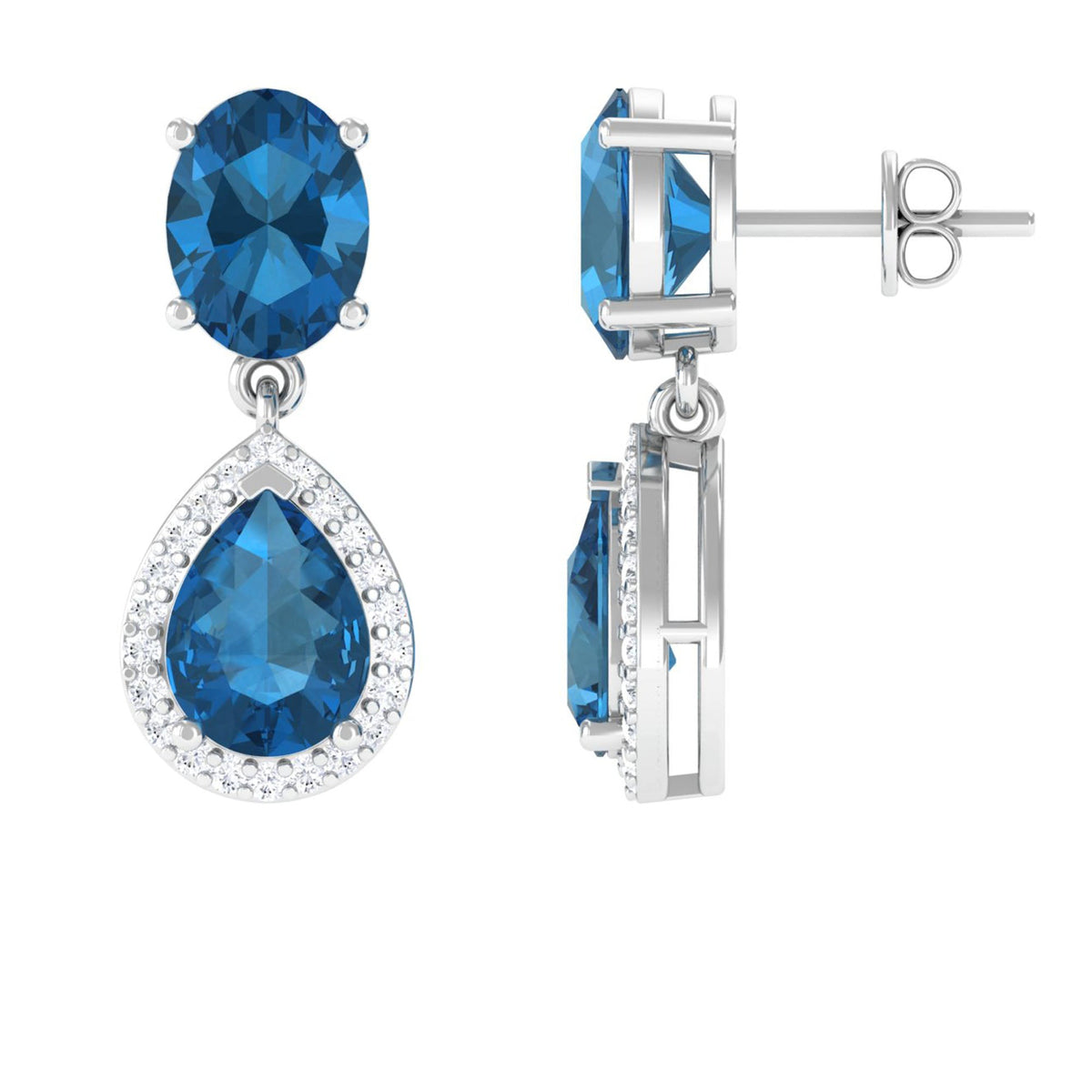 Rosec Jewels 4.5 CT London Blue Topaz and Diamond dangle earrings featuring vibrant blue gemstones and sparkling accents.