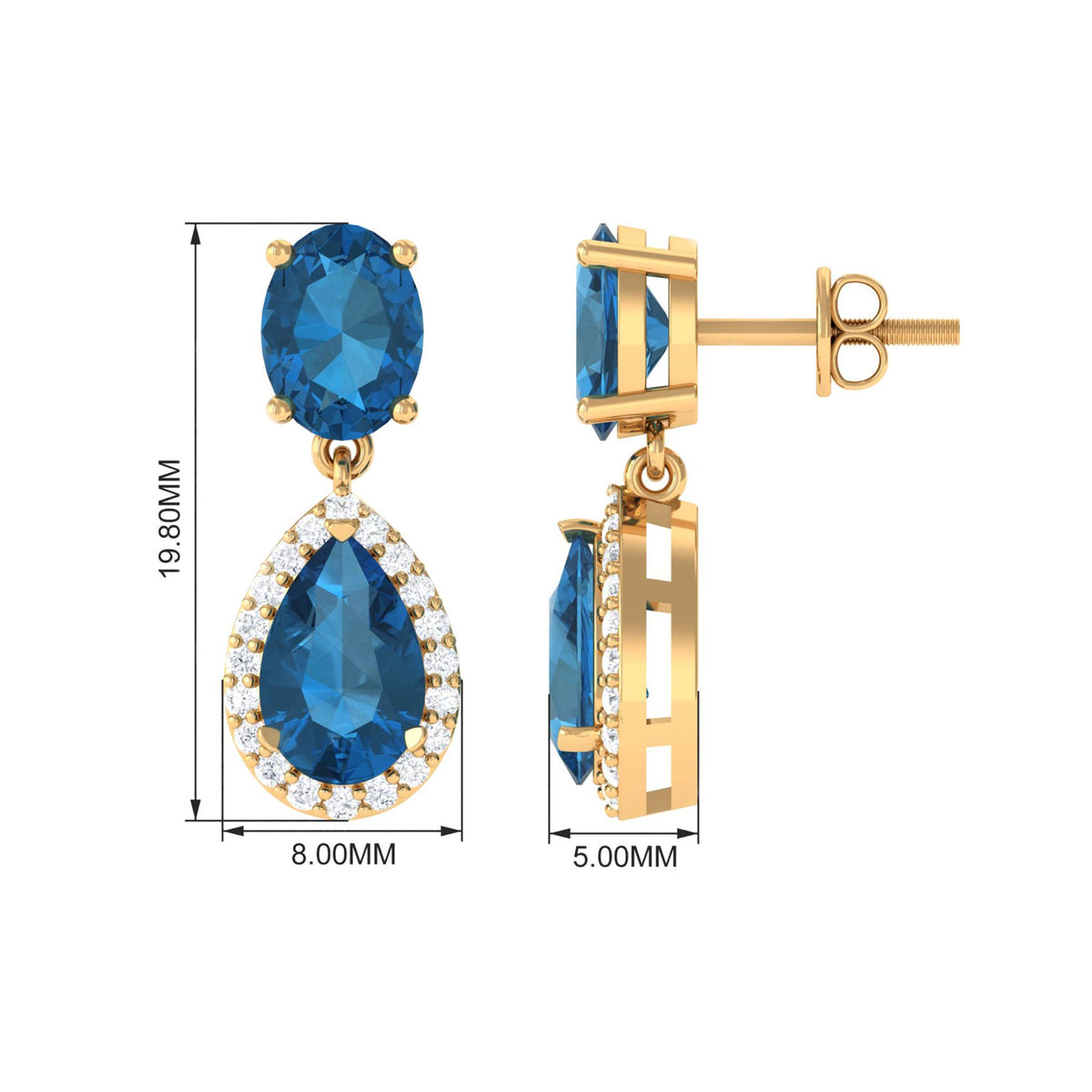London Blue Topaz and diamond dangle earrings by Rosec Jewels featuring 4.5 CT gemstones and elegant drop design.