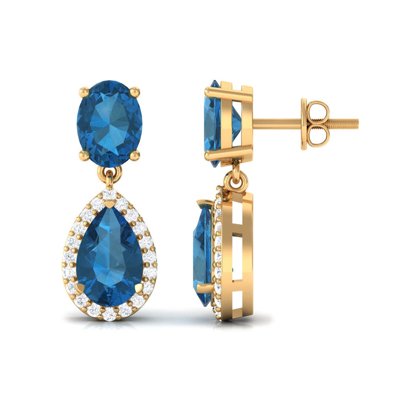 Rosec Jewels 4.5 CT London Blue Topaz and diamond dangle earrings with elegant drop design, showcasing vibrant blue gemstones and sparkling accents.