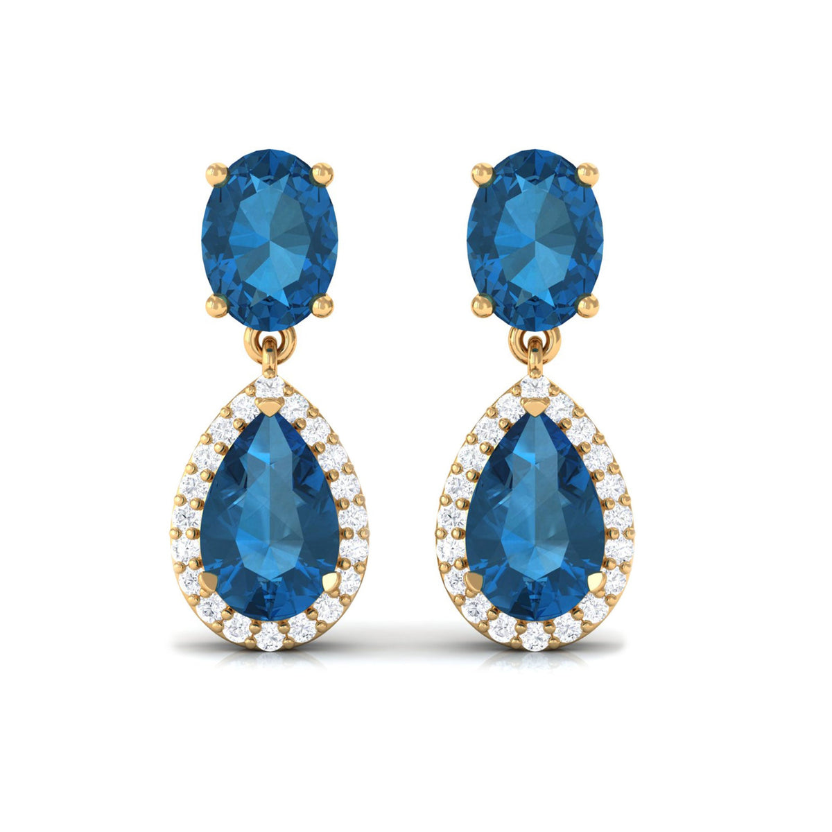 London Blue Topaz and diamond dangle earrings by Rosec Jewels featuring sparkling gemstones and elegant drop design.