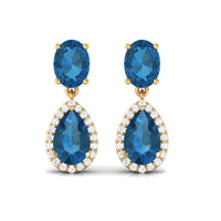 London Blue Topaz and diamond dangle earrings by Rosec Jewels featuring sparkling gemstones and elegant drop design.