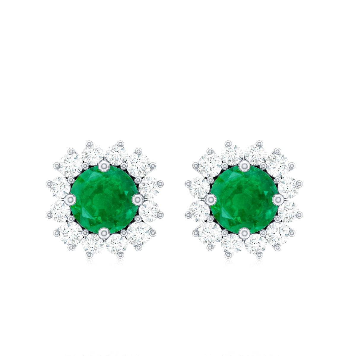 Natural Emerald Classic Stud Earrings with Diamond Halo