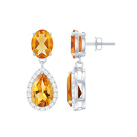 Natural 2 carat citrine and diamond teardrop earrings featuring gold setting and intricate design from Rosec Jewels.
