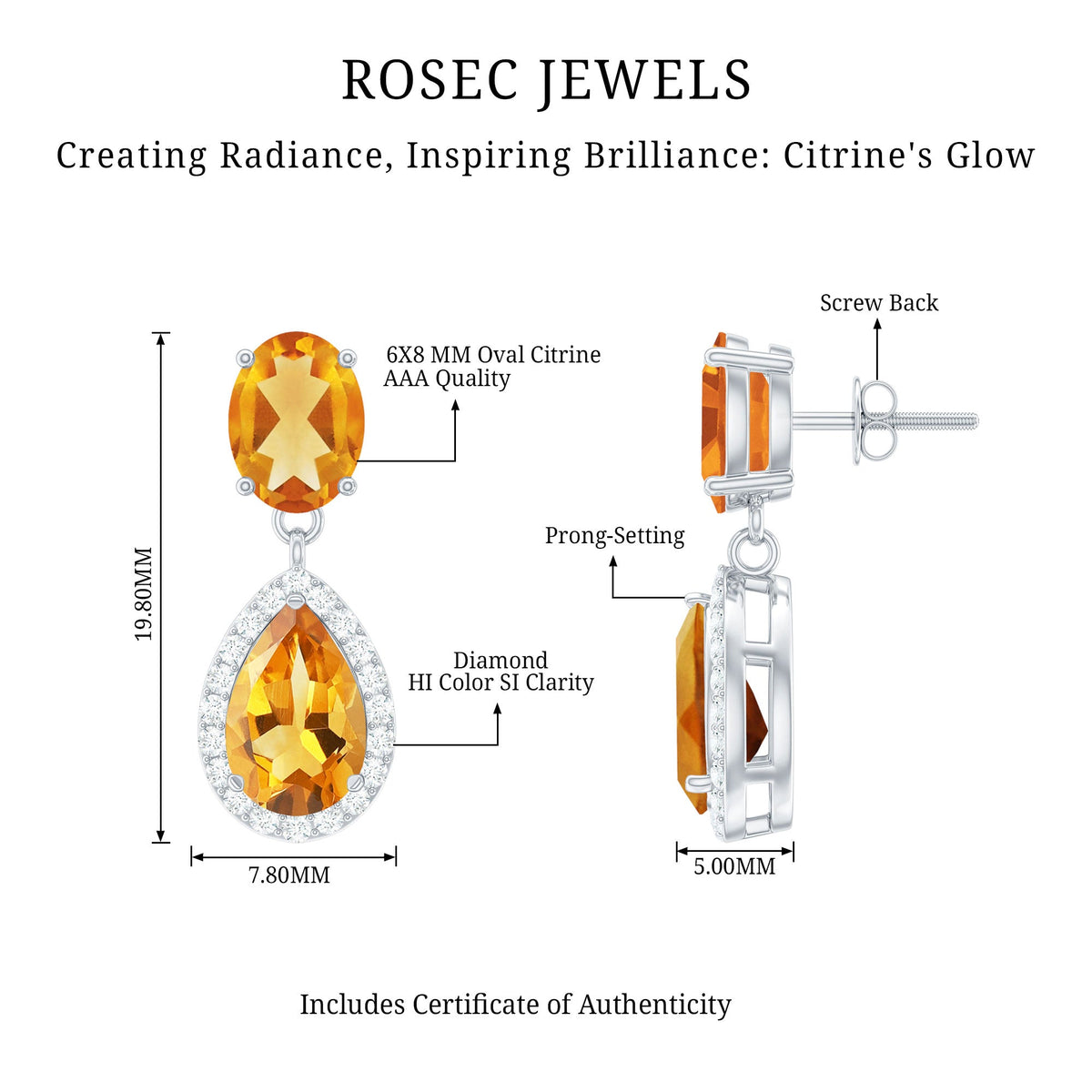 Natural 2 carat citrine and diamond teardrop earrings with gold settings, showcasing elegant jewelry design.