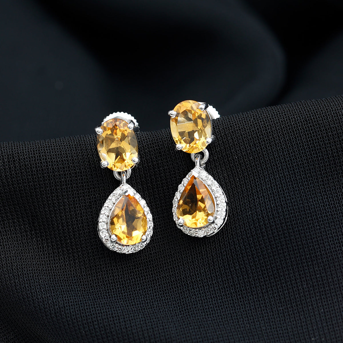 Natural 2 carat citrine and diamond teardrop earrings by Rosec Jewels featuring sparkling gemstones and elegant gold settings.