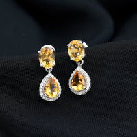Natural 2 carat citrine and diamond teardrop earrings by Rosec Jewels featuring sparkling gemstones and elegant gold settings.