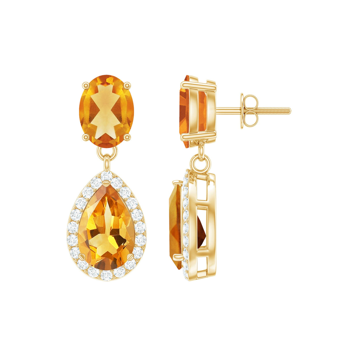 Natural 2 carat citrine and diamond teardrop earrings with gold settings, showcasing elegant jewelry design by Rosec Jewels.