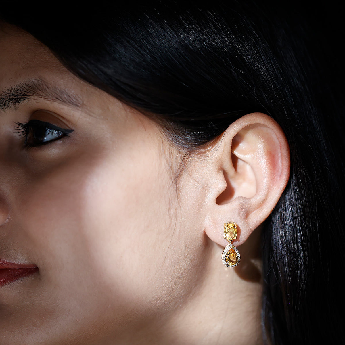 Natural 2 Carat Citrine and Diamond teardrop earrings with gold setting from Rosec Jewels, showcasing vibrant gemstones and elegant design.