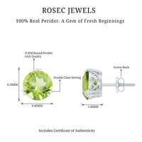 Natural 4 Carat August Birthstone Peridot Stud Earrings with Screw Back