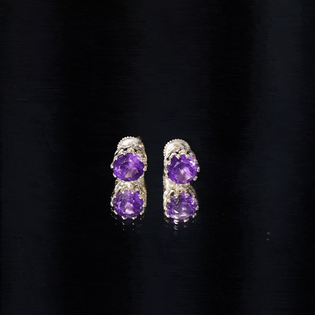 Natural amethyst and diamond bridal stud earrings from Rosec Jewels featuring yellow gold settings and elegant gemstone accents.