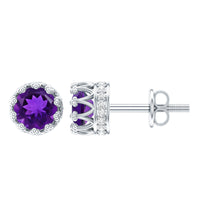 Natural amethyst and diamond bridal stud earrings by Rosec Jewels, featuring elegant purple gemstones and sparkling accents.