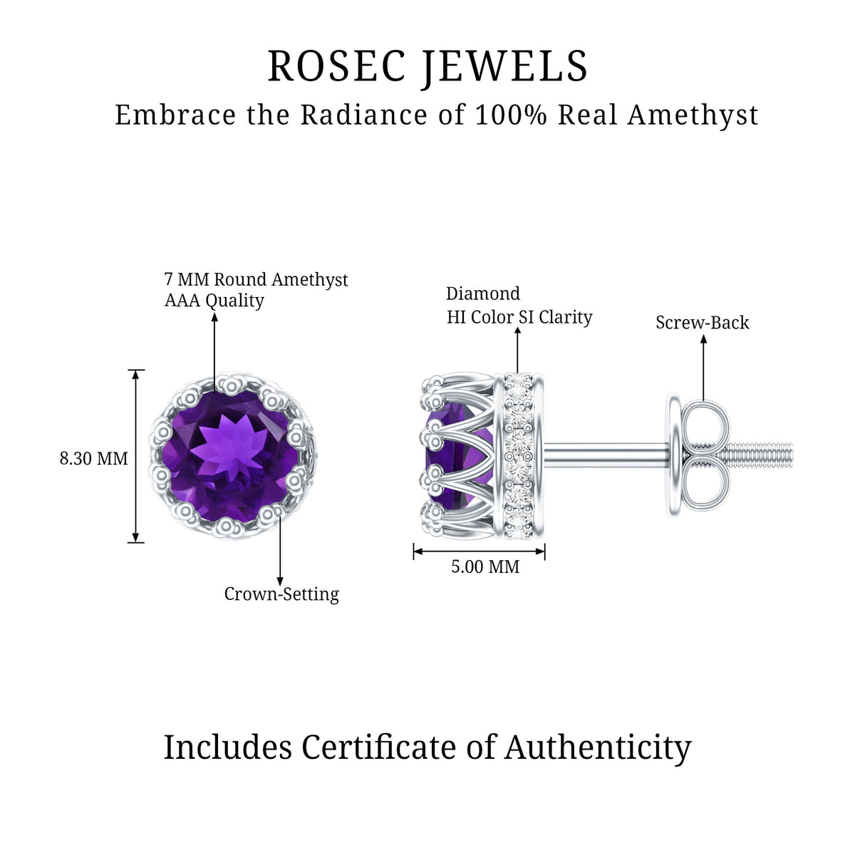 Natural amethyst and diamond bridal stud earrings by Rosec Jewels featuring elegant gemstone and diamond accents.