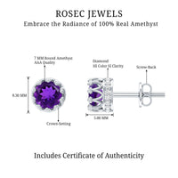 Natural amethyst and diamond bridal stud earrings by Rosec Jewels featuring elegant gemstone and diamond accents.