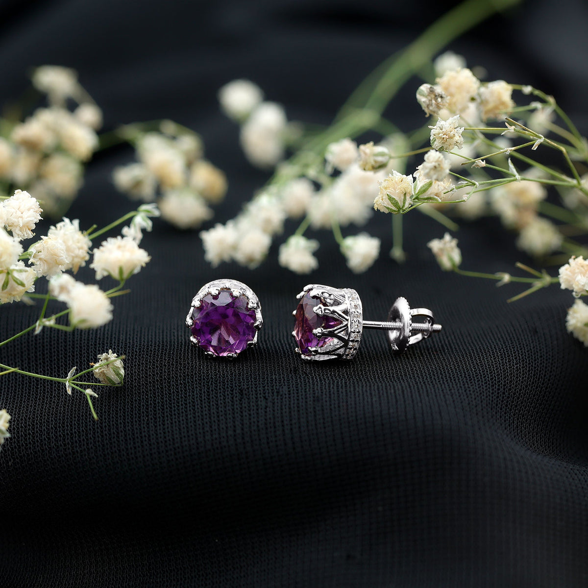 Natural amethyst and diamond bridal stud earrings by Rosec Jewels featuring purple gemstones and sparkling accents