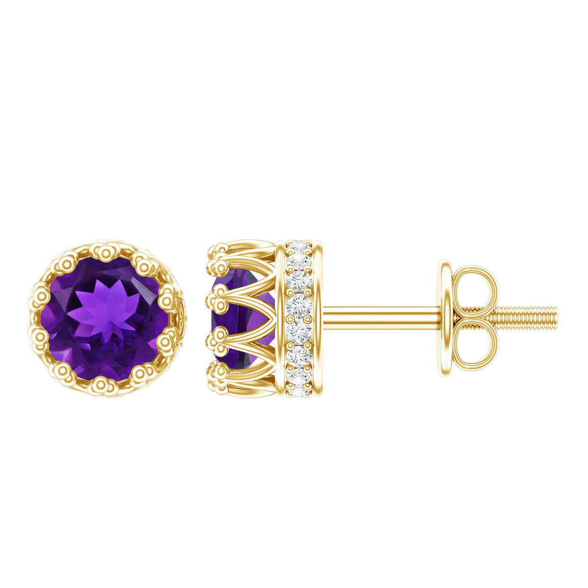 Natural amethyst and diamond bridal stud earrings by Rosec Jewels featuring purple gemstones and sparkling accents.