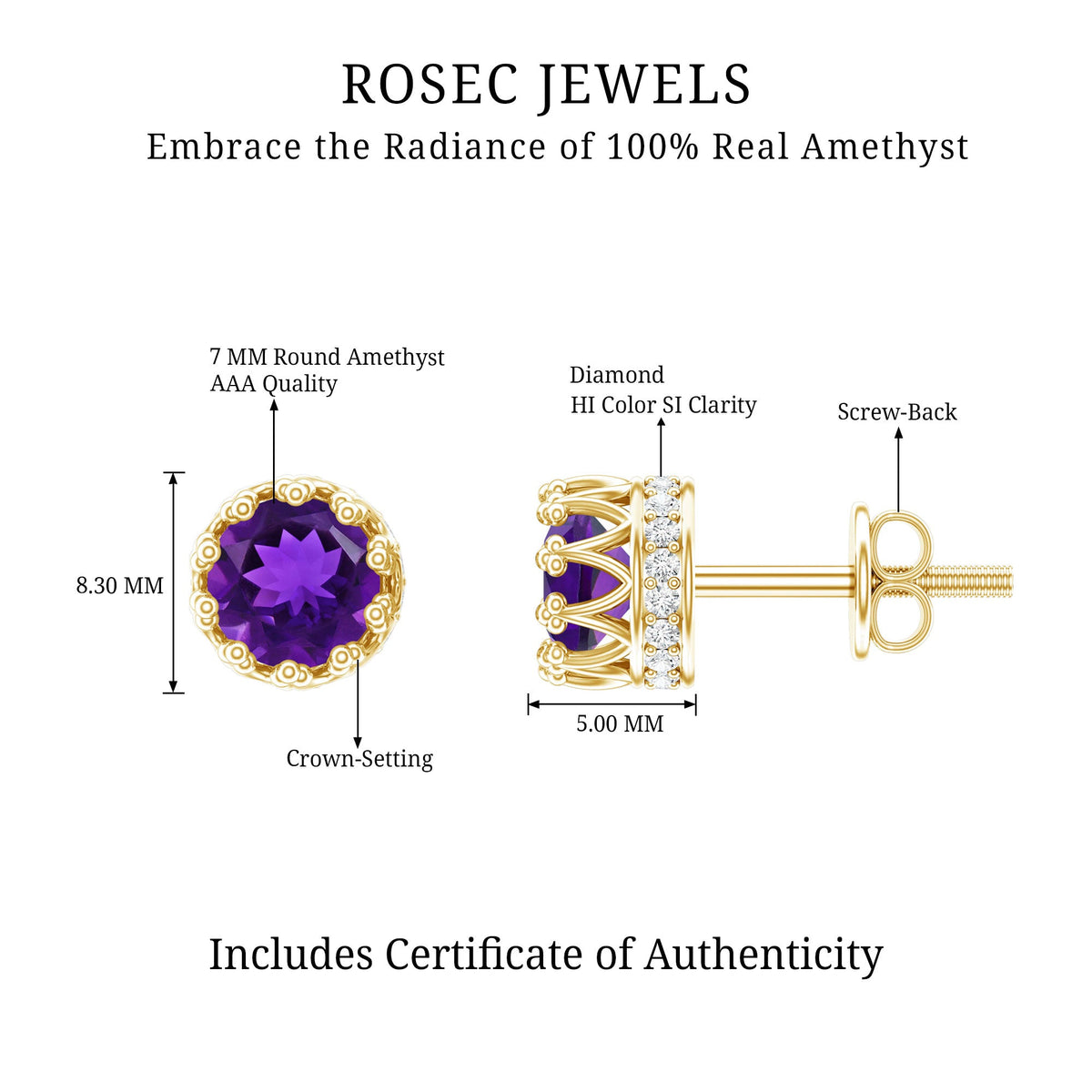 Natural amethyst and diamond bridal stud earrings by Rosec Jewels with sterling silver settings, showcasing elegant gemstone details.