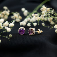 Natural amethyst and diamond bridal stud earrings by Rosec Jewels featuring elegant gemstone and sparkling diamond accents.