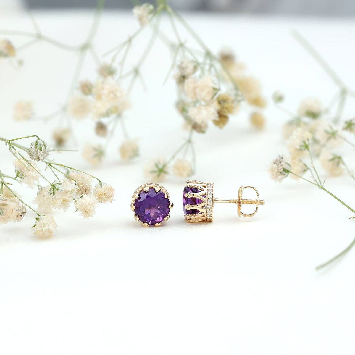 Natural amethyst and diamond bridal stud earrings featuring elegant gemstone settings by Rosec Jewels.