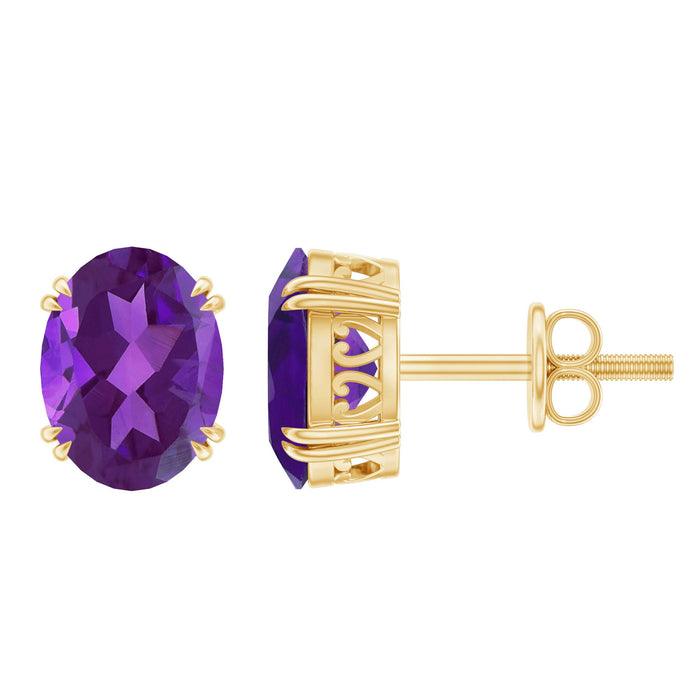 Rosec Jewels 2 Carat oval cut amethyst solitaire stud earrings with silver settings, showcasing vibrant purple gemstones.