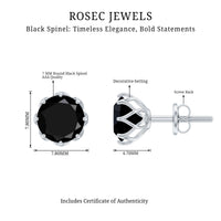 Genuine 7mm black spinel stud earrings with screw back from Rosec Jewels, showcasing their elegant sparkle and secure fit.