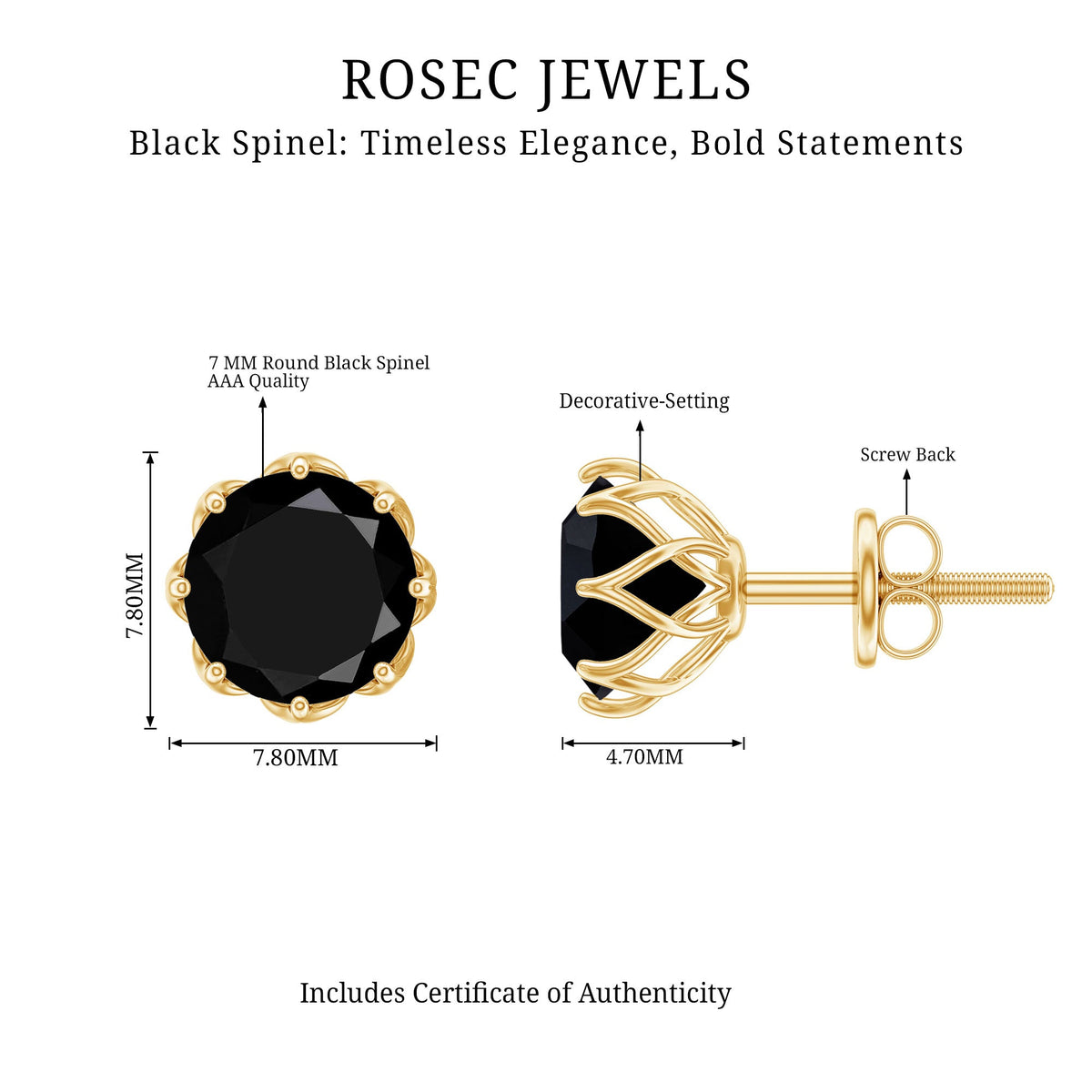 Genuine 7mm black spinel stud earrings with screw back closures by Rosec Jewels on a white background.