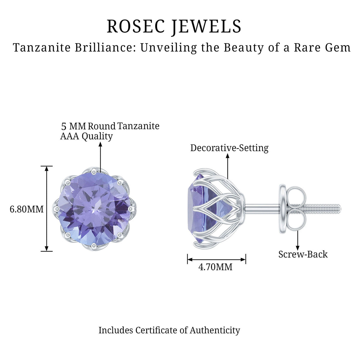 Rosec Jewels 1 Carat Tanzanite Stud Earrings featuring vibrant violet-blue gemstones set in elegant silver.