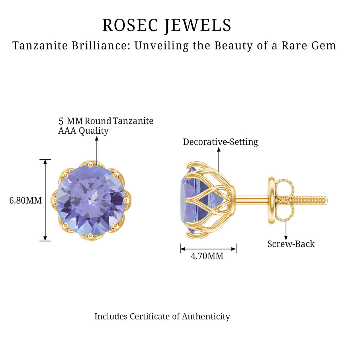 Rosec Jewels 1 Carat Tanzanite stud earrings featuring vibrant blue-purple gemstones with silver posts and backs.