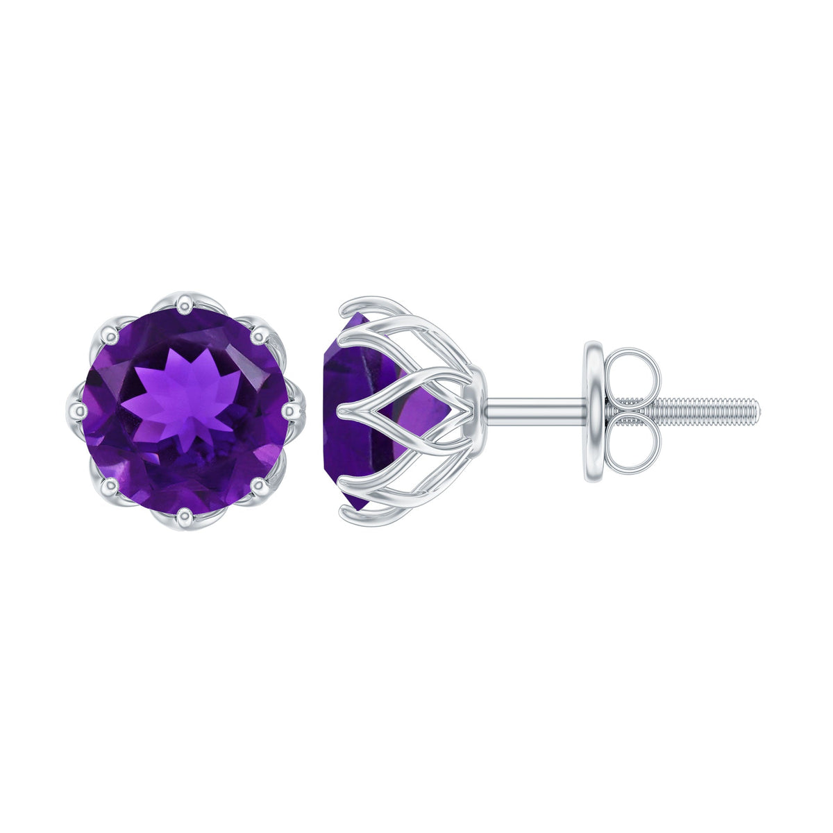 Natural amethyst solitaire stud earrings with screw back from Rosec Jewels, showcasing purple gemstones and secure fastening.